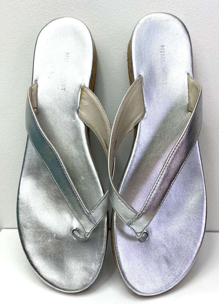 10.5 Nine West Silver Thong Sandal Flip Flop Cork Sole Women's