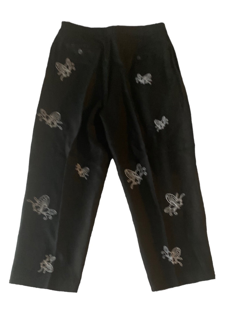 12 Alexandra Bartlett Women's New Black Linen Crop Pants Butterfly Embroidered