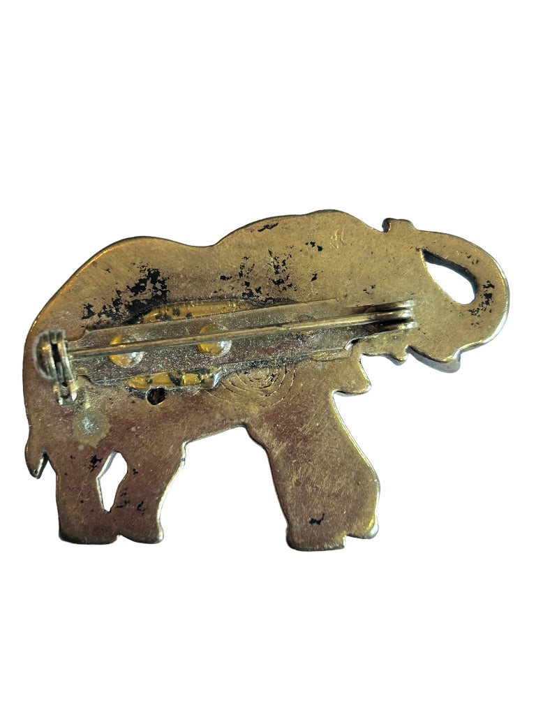 Lucky Elephant Goldtone Brushed Black Brooch 2" Trunk Up