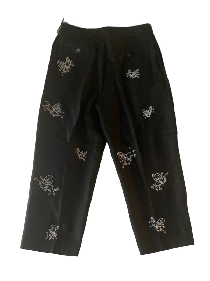 12 Alexandra Bartlett Women's New Black Linen Crop Pants Butterfly Embroidered