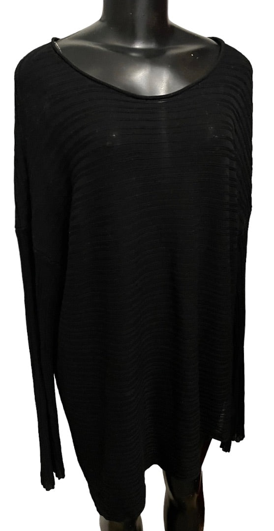 XL Eileen Fisher Women's Sheer Ribbed Long Sleeve Asymmetrical Hem Black Sweater