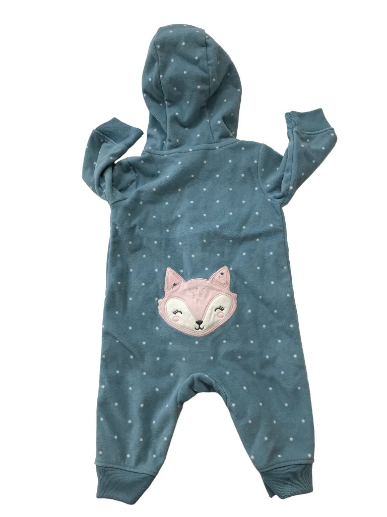 3 Months Carter's Blue Pink Fleece Zip Up One Piece Hooded Fox Polka Dots