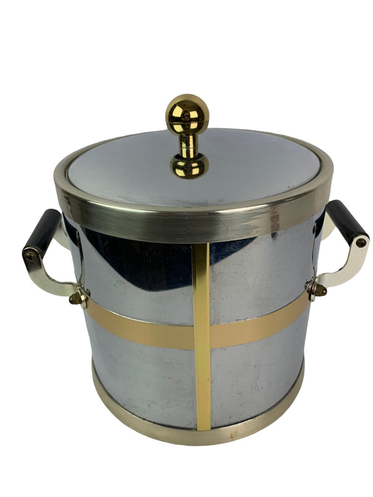 Vintage Chrome Ice Bucket Handled with Plastic Insert Gold Trim