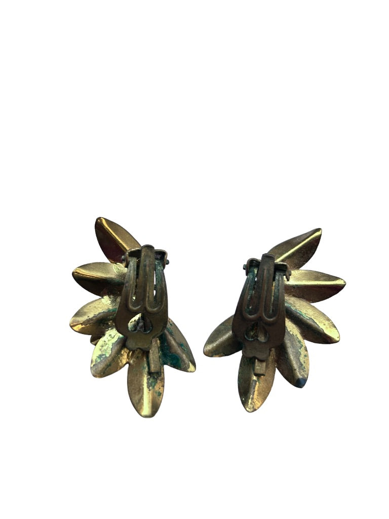 Vintage Clip On Non-Pierced Earrings Goldtone Brushed Textured Leaf 1.5"