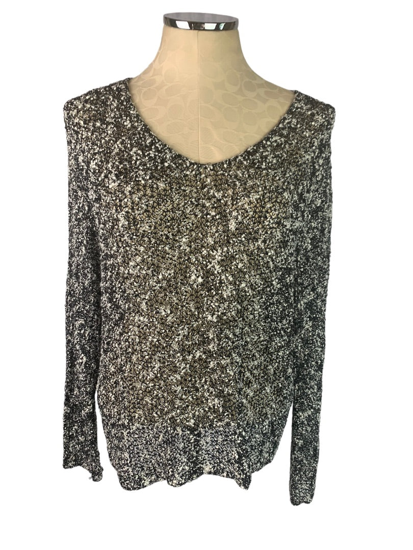 XL Chico's Black Women's White Loose Woven Sweater Lagenlook V-Neck