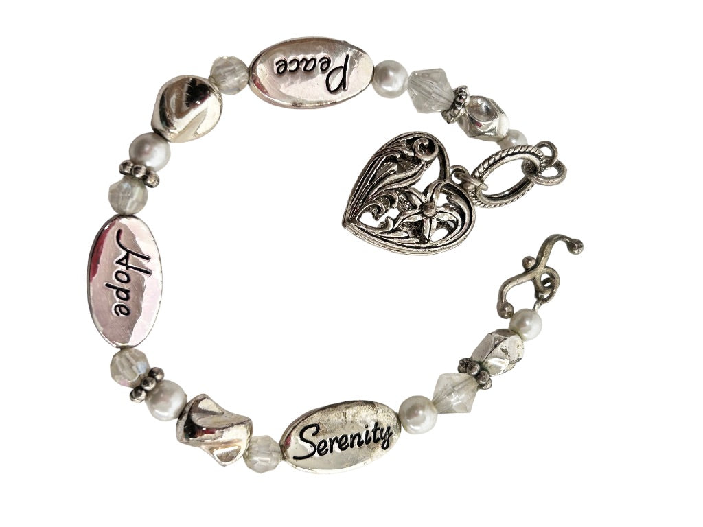 Silvertone Beaded Heart Charm Toggle Clasp 7.5" Bracelet Hope Serenity Peace