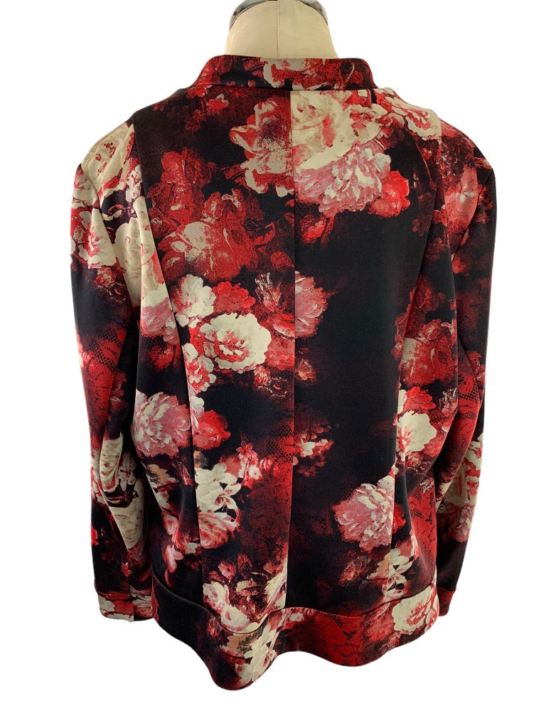 2X Roz & Ali Women's Rose Print Zip Up Jacket Stretch Polyester