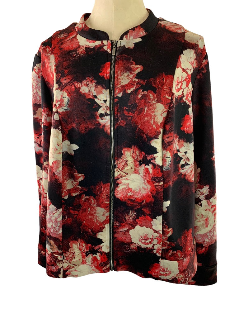 2X Roz & Ali Women's Rose Print Zip Up Jacket Stretch Polyester
