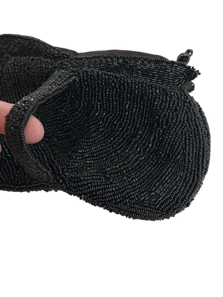 Small Vintage Black Clutch Zip Top Beaded Black Bag with Hand Strap