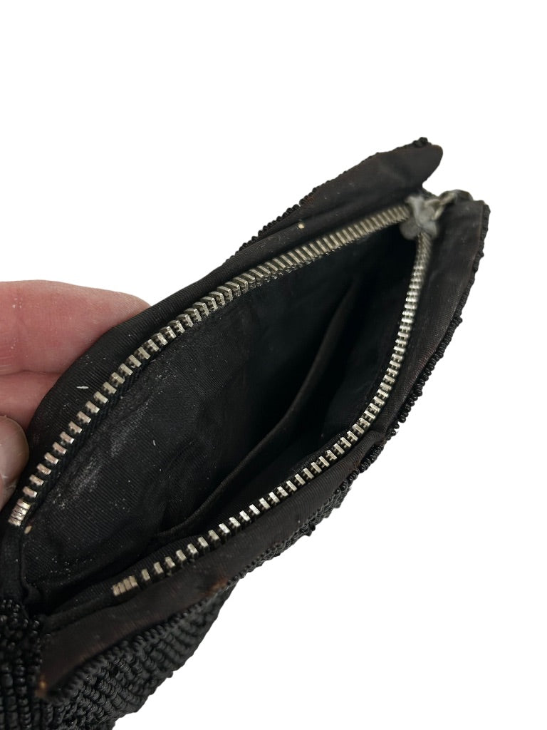 Small Vintage Black Clutch Zip Top Beaded Black Bag with Hand Strap