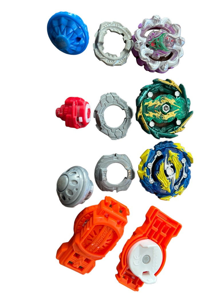 Three Beyblade Tops with 2 Plastic Launchers Hyper Sphere Infinty, Shock Typhon T4 and Bushan Ashura Hurricane