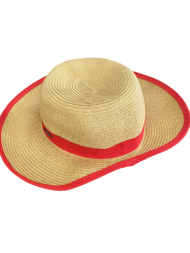 Panama Jack Sun Hat 100% Paper Packable Red Trim