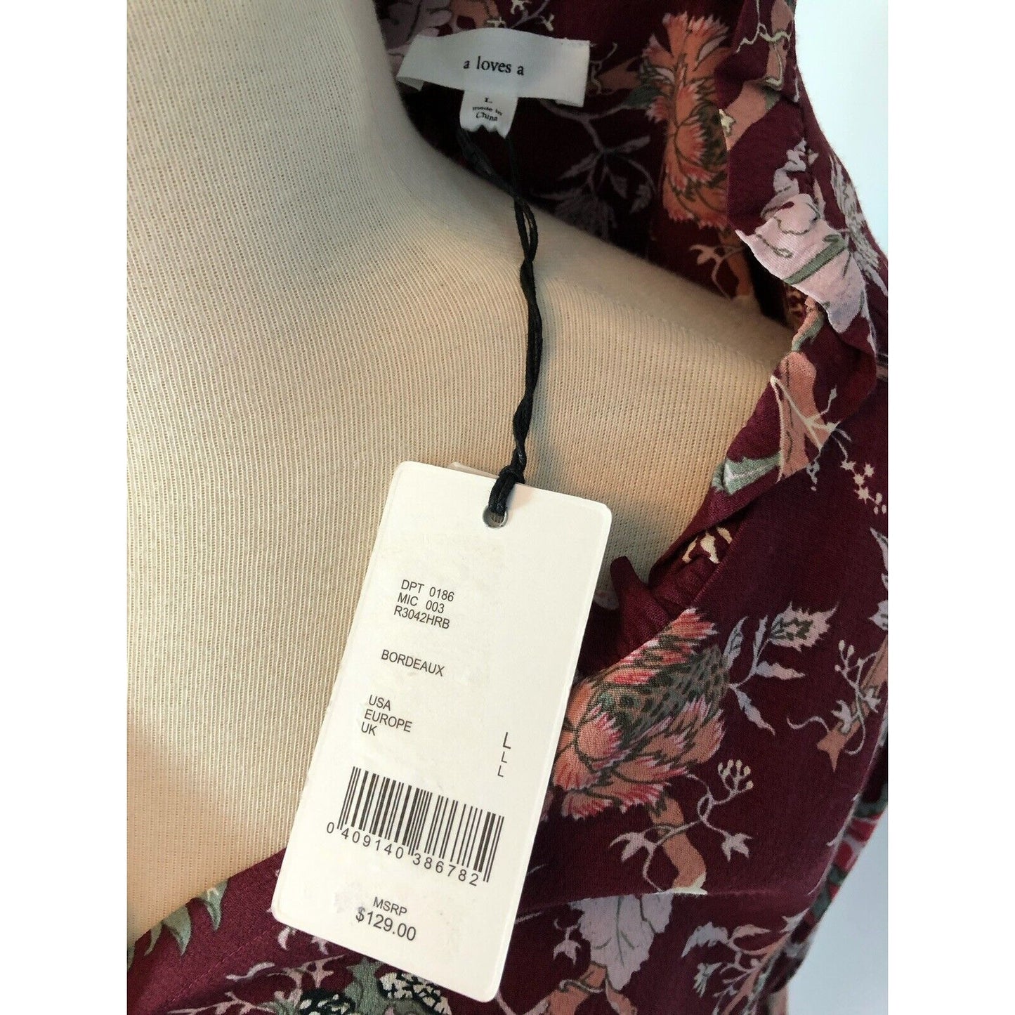 Large ‘a Loves a’ Floral Bordeaux Dress Elastic Waist Buttons Long Sleeve Boho