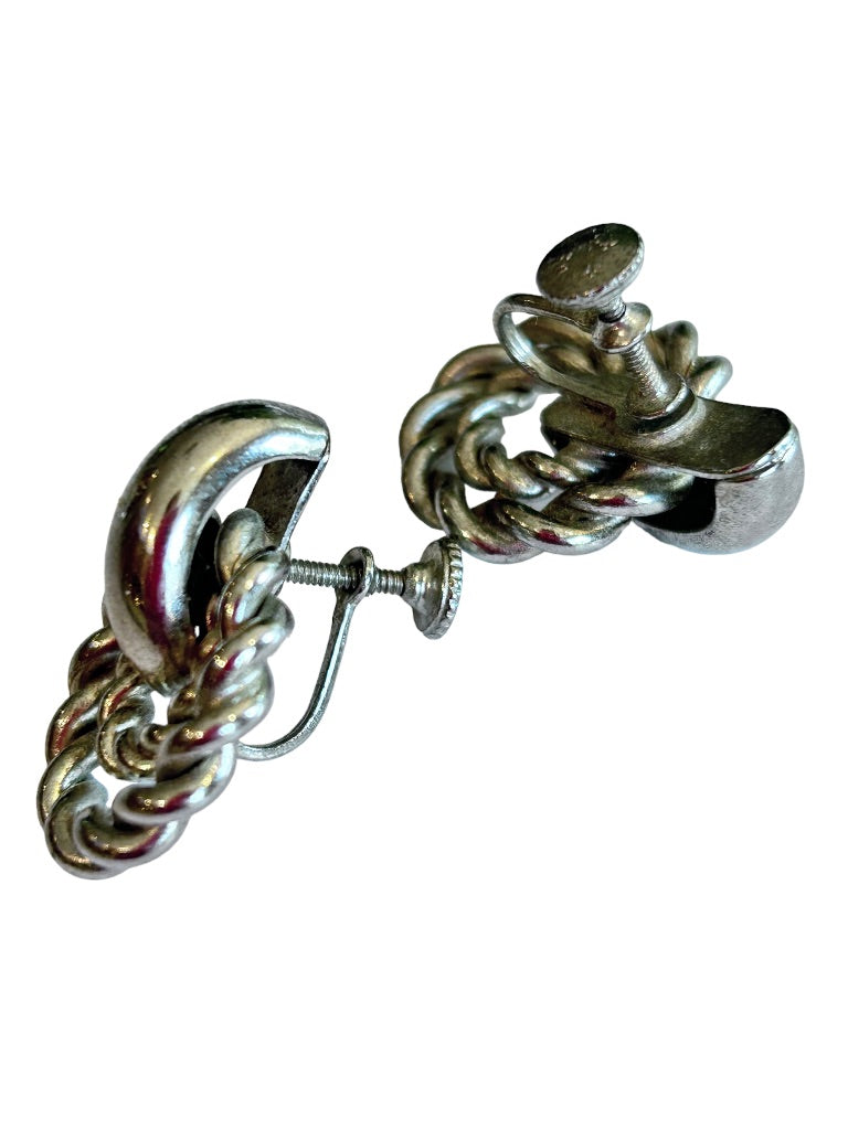 Vintage 1960s Signed Screwback Non-Pierced Silvertone Earrings Twist Circle 1.25"