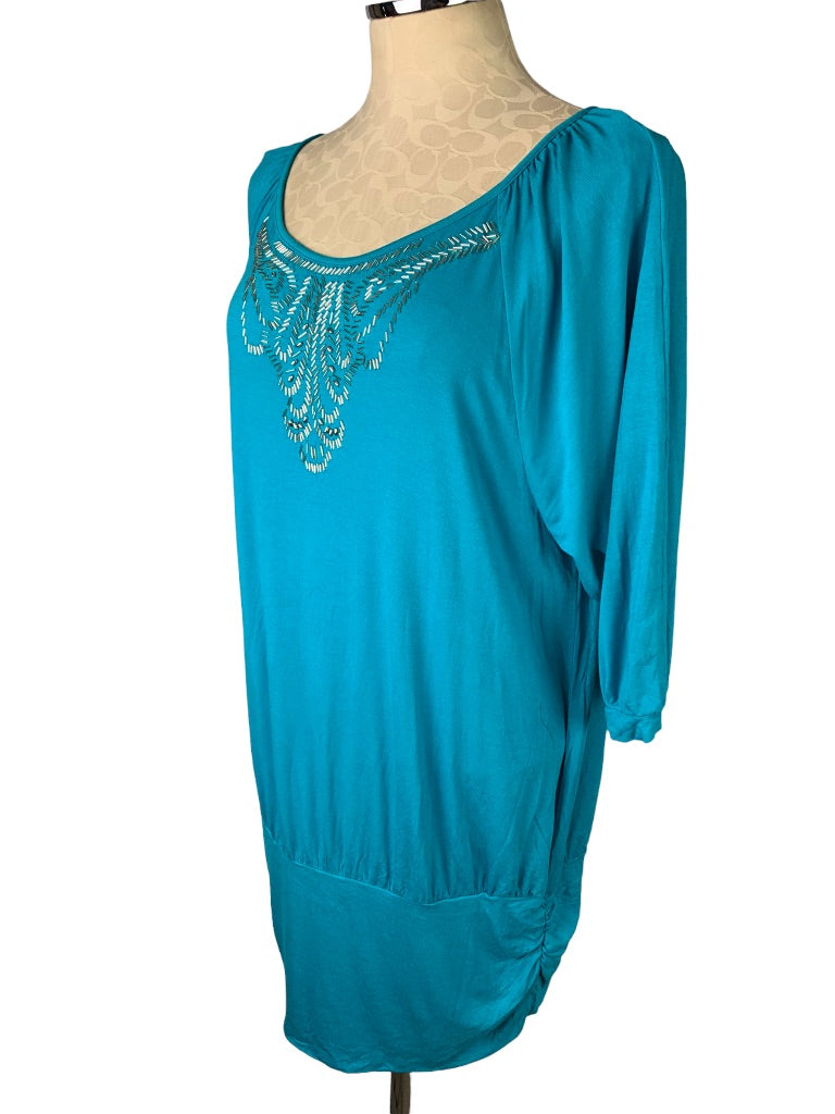 14 Lane Bryant Teal Beaded Neckline Soft 3/4 Sleeve Blouson Jersey Knit Top