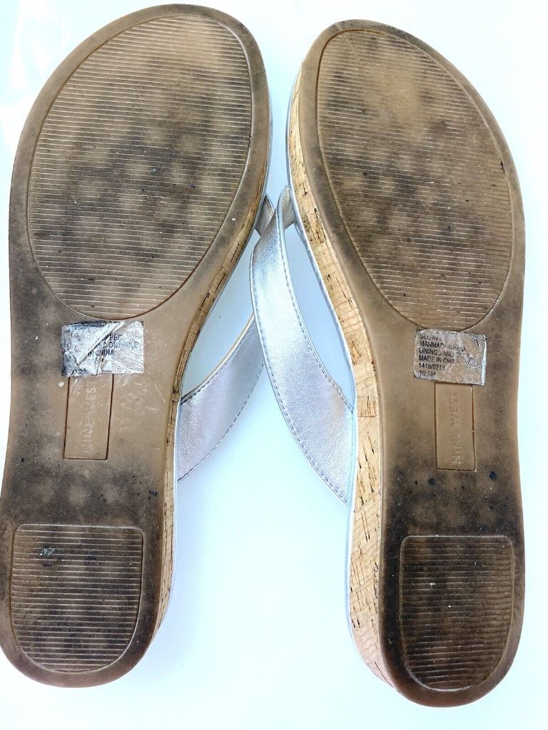 10.5 Nine West Silver Thong Sandal Flip Flop Cork Sole Women's