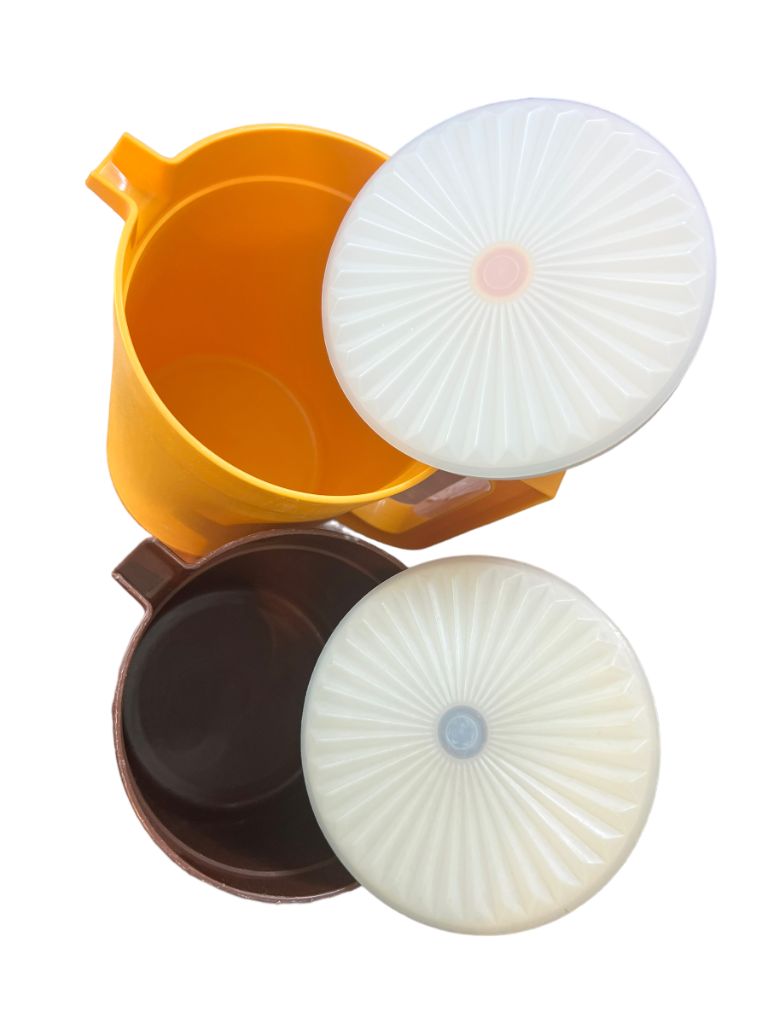 Vintage Yellow Apricot Tupperware 2 Quart Brown 1.5 qt Pitchers Push Button Lids