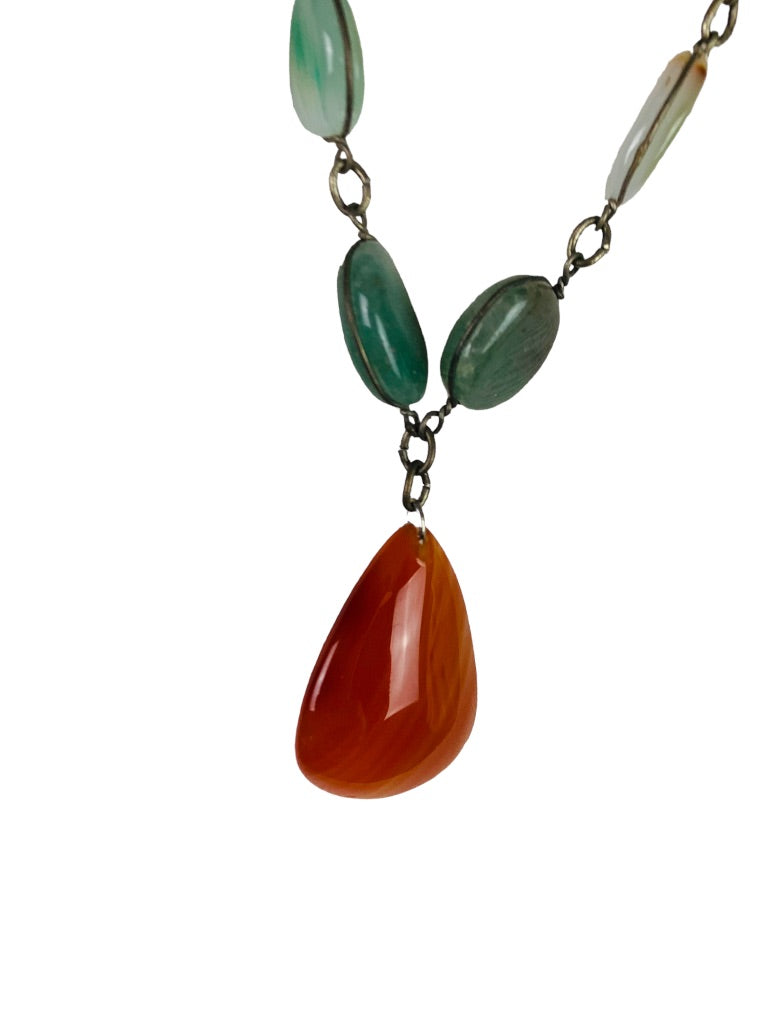 Vintage 28" StoneSilvertone Necklace Overhead Orange Green Natural Stone
