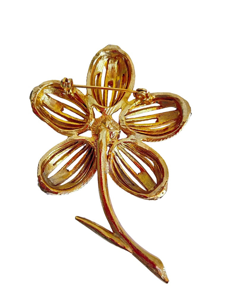 Goldtone and Rhinestone Single Flower on Stem Brooch Filigree 3"