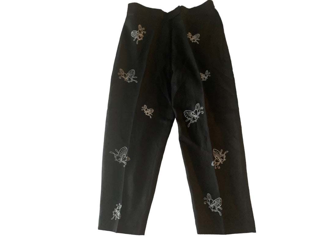 12 Alexandra Bartlett Women's New Black Linen Crop Pants Butterfly Embroidered