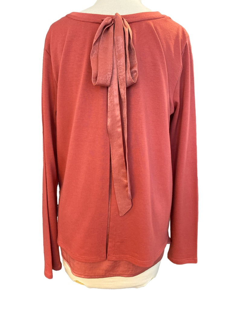 Medium Bobeau Bow Back Rust Long Sleeve Top Satin Accents