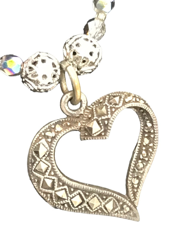 Glass Beaded 19" Necklace Sterling Silver Heart Pendant Toggle Closure
