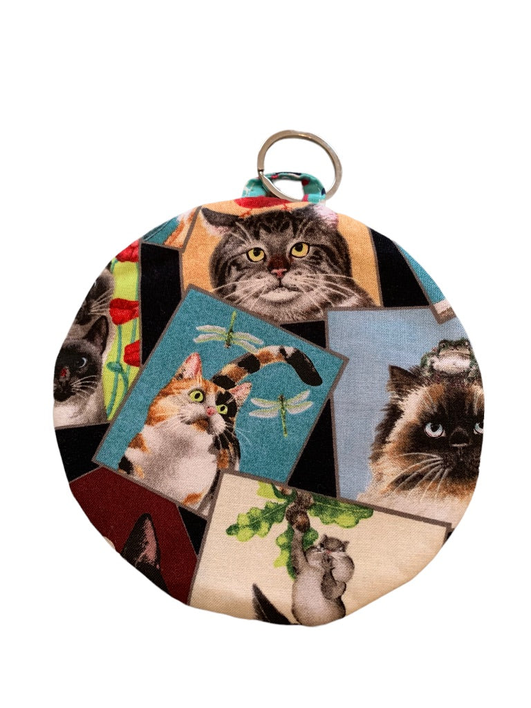 Cat Theme Fabric Keyring Change Purse Zip 5.5" Diameter
