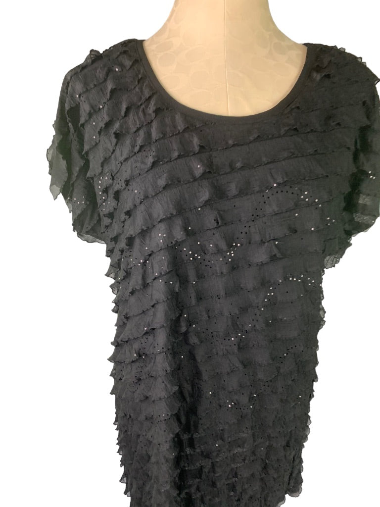 Large Antthony Women's New Black Short Sleeve Ruffle Sparkle Pullover Blouse