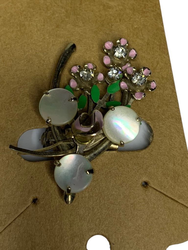 Vintage Floral Brooch Goldtone Pink Green 1.5"