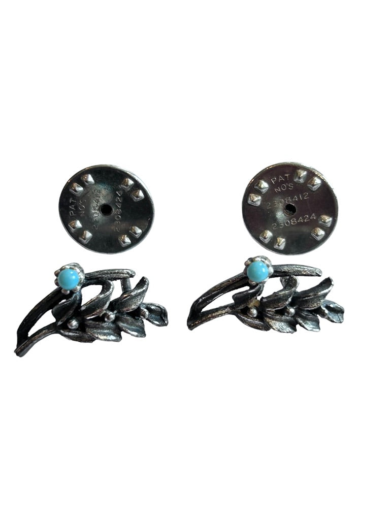 Set of 2 Silvertone Lapel Pins Turquoise Stone 7/8" Branch Vintage