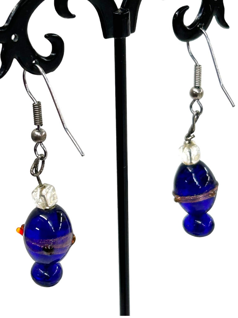 Blue Glass Beaded Earrings Pierced Hook 2" Drop Dangle Silvertone Hook