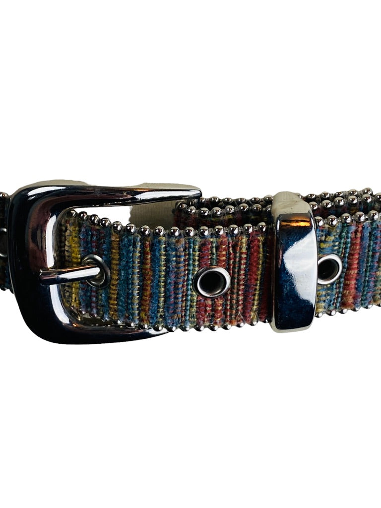 Small Elite Women's 1"w Belt Fabric with Silvertone Beaded Trim Made in USA