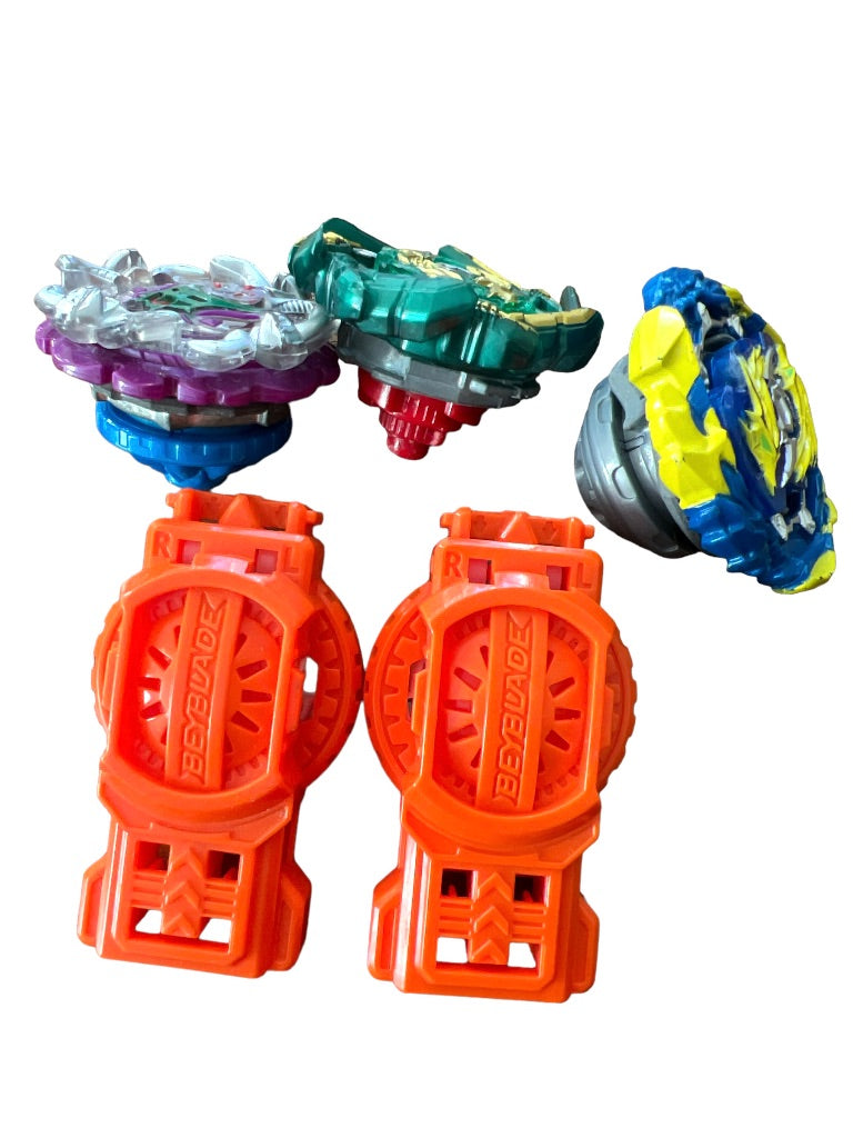 Three Beyblade Tops with 2 Plastic Launchers Hyper Sphere Infinty, Shock Typhon T4 and Bushan Ashura Hurricane