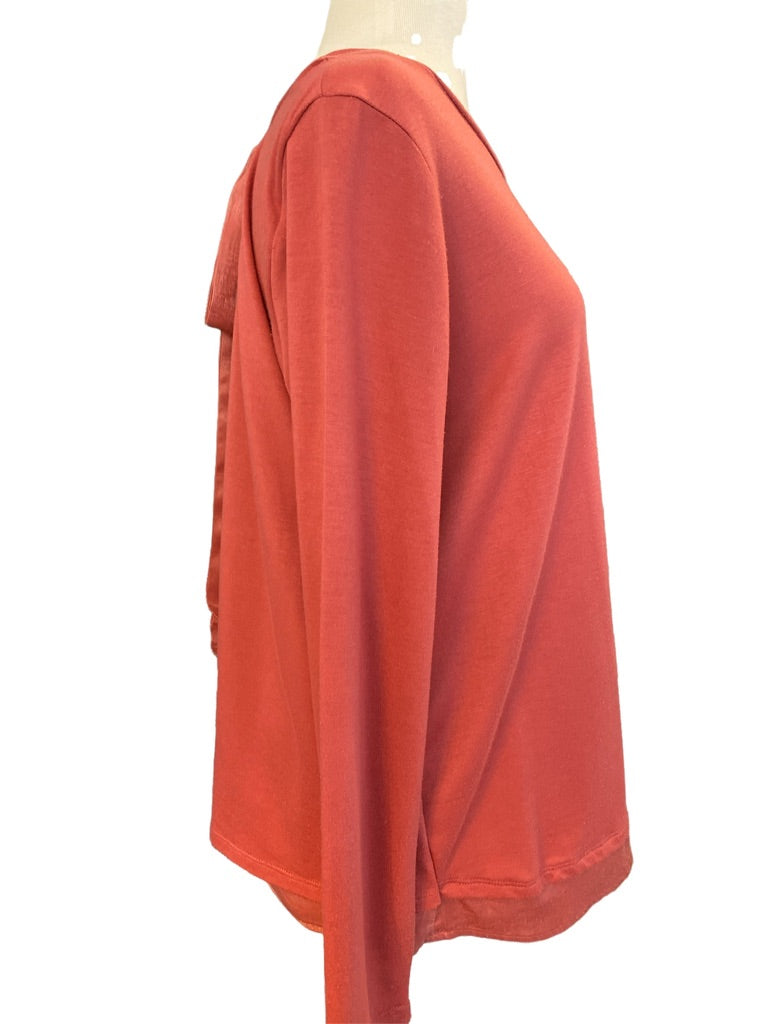 Medium Bobeau Bow Back Rust Long Sleeve Top Satin Accents