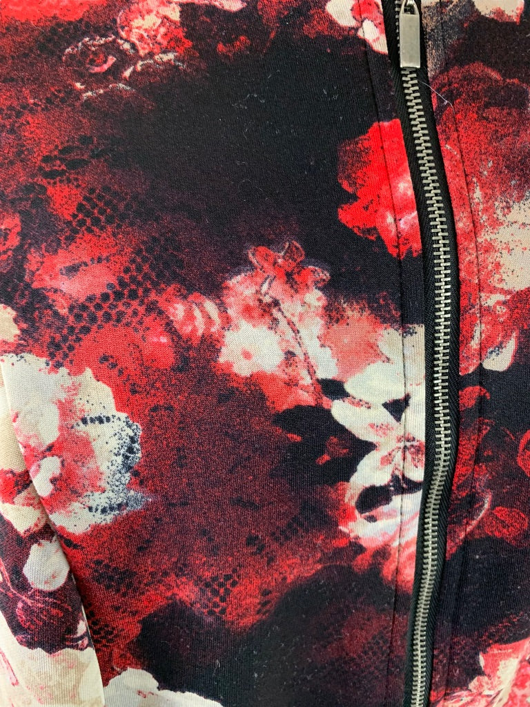 2X Roz & Ali Women's Rose Print Zip Up Jacket Stretch Polyester