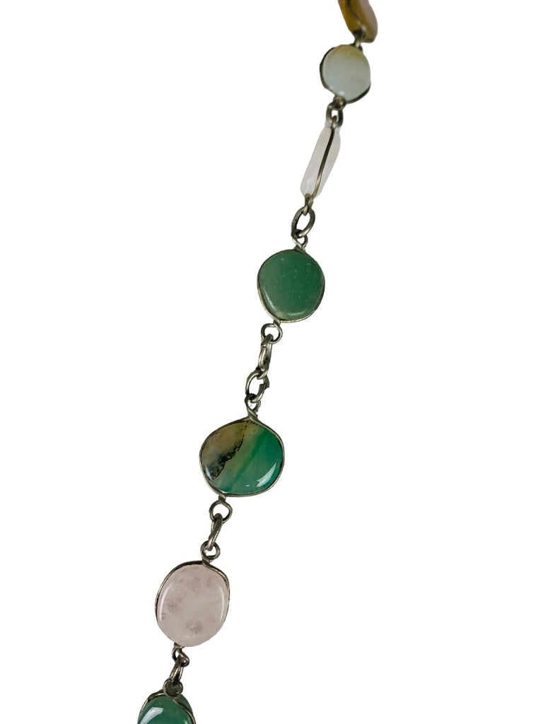 Vintage 28" StoneSilvertone Necklace Overhead Orange Green Natural Stone