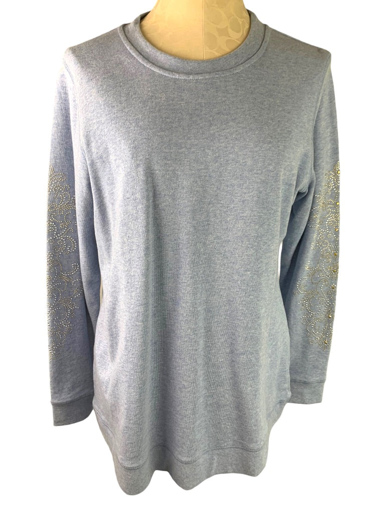 Medium DG2 by Diane Gilman Women's Heather Blue Embellished Sleeve Sweatshirt Pullover