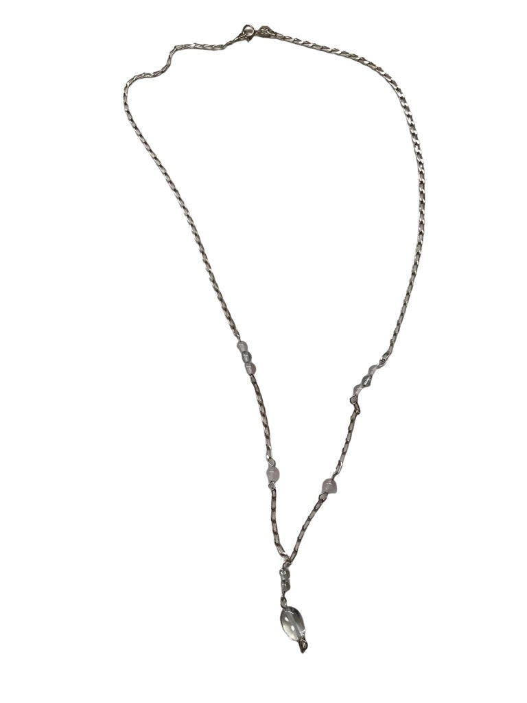 Set Delicate Silvertone 18" Necklace and 1.5" Drop Hook Earrings Orchid Beads