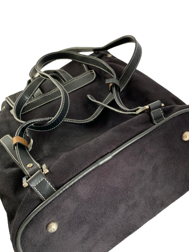 Black Small Backpack Drawstring Faux Suede Microfiber 12"h x 12"w x 4"d
