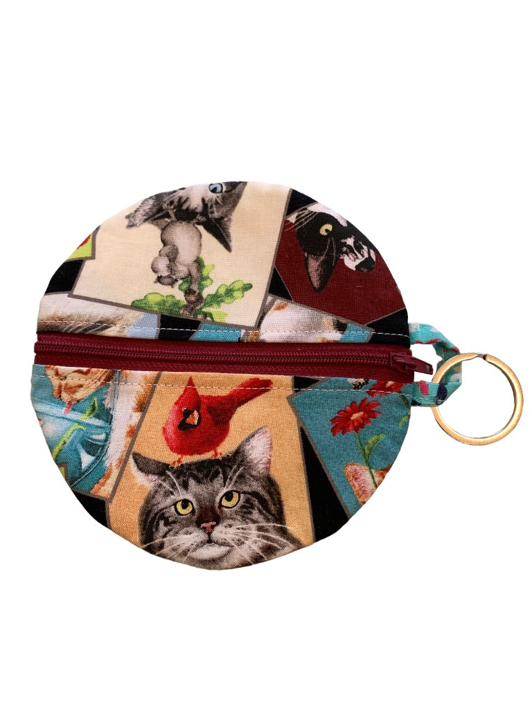 Cat Theme Fabric Keyring Change Purse Zip 5.5" Diameter