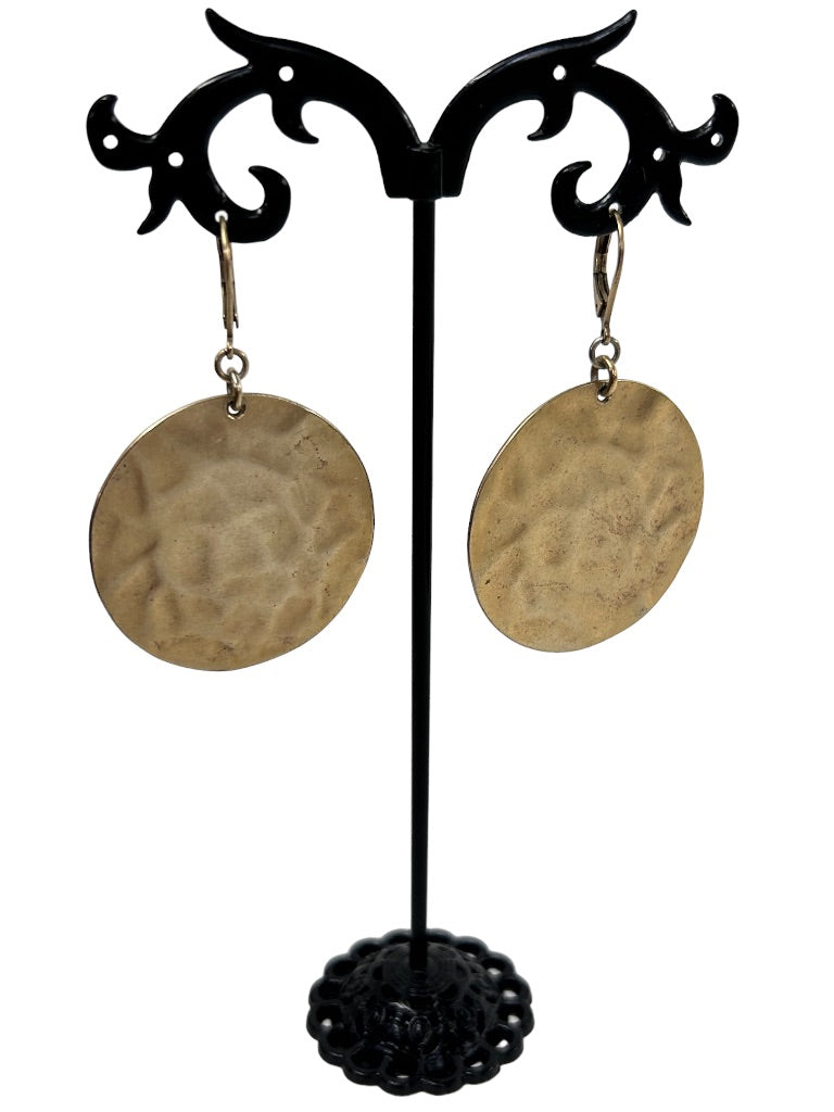 Signed KC Hammered Matte Goldtone Round Earrings Leverback Pierced Earrings