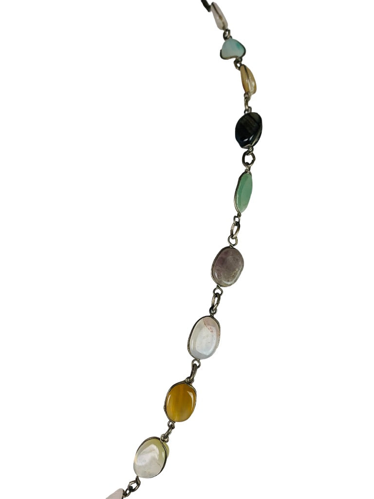 Vintage 28" StoneSilvertone Necklace Overhead Orange Green Natural Stone