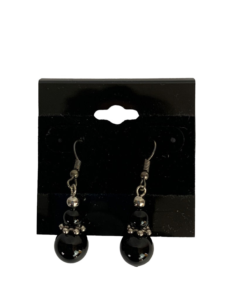 Black and Silvertone Beaded Drop Earrings Hook Pierced 1.5" Dangle