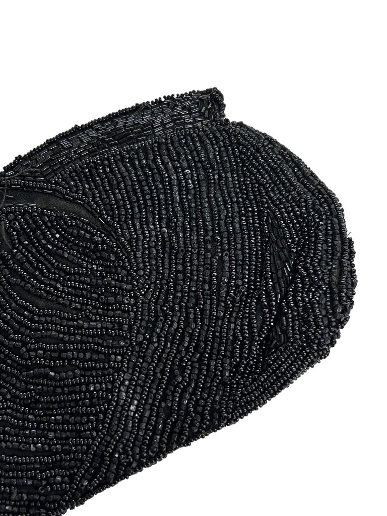 Small Vintage Black Clutch Zip Top Beaded Black Bag with Hand Strap
