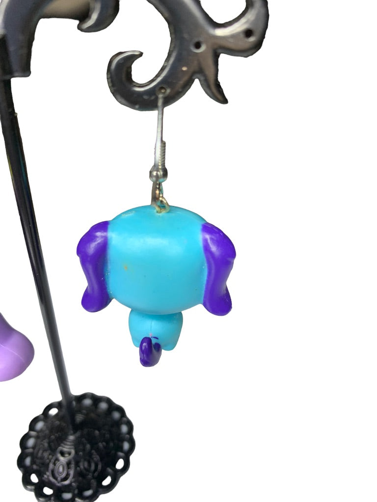 Littlest Pet Shop Earrings Drop Dangle 2" Purple Blue Rabbit Dog Hook Pierced