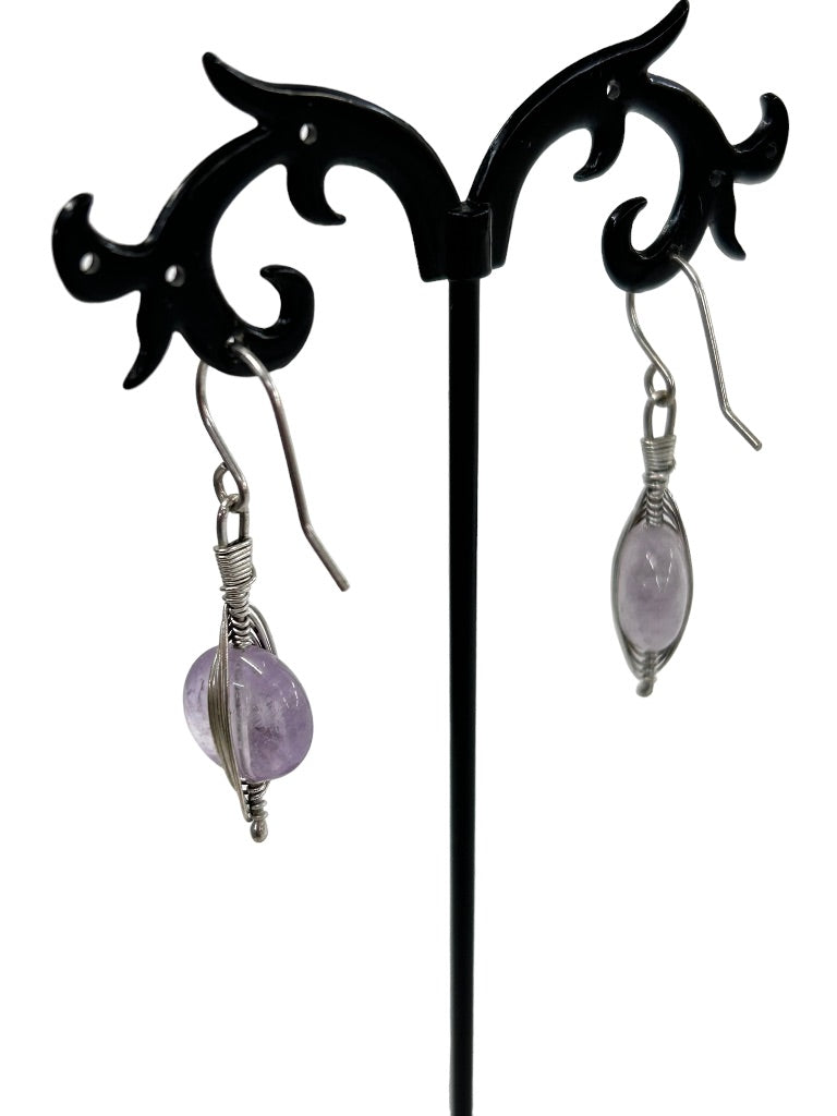 Silvertone Lavender Stone Wire Hook Earrings Pierced 1.75" Drop Dangle