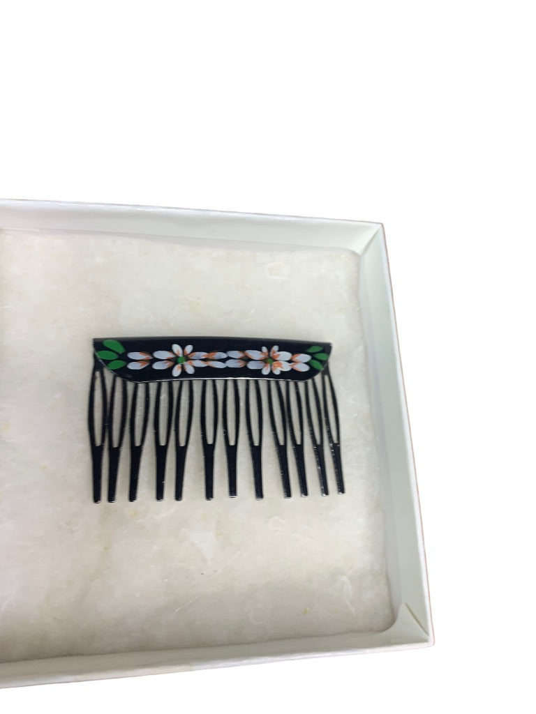 Vintage Black Metal Hair Comb Toleware Style 3.25"l x 1.5"h Painted Floral