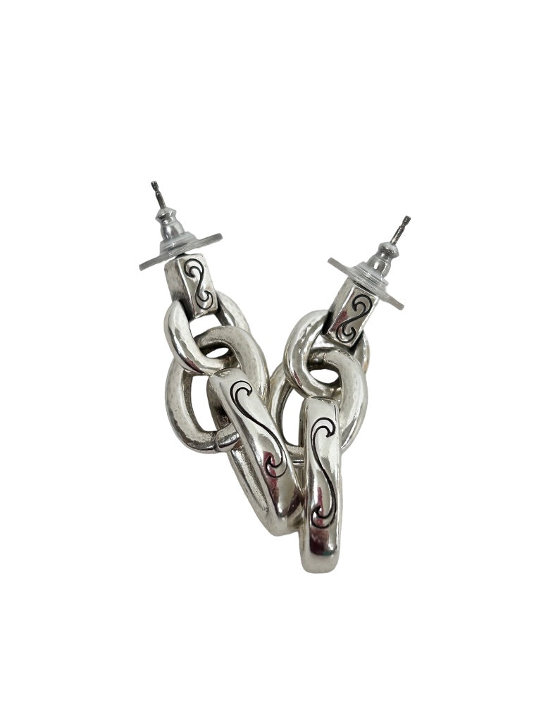 Silvertone Linked Chain Post Pierced Earrings Etched 1 5/8" Drop Dangle