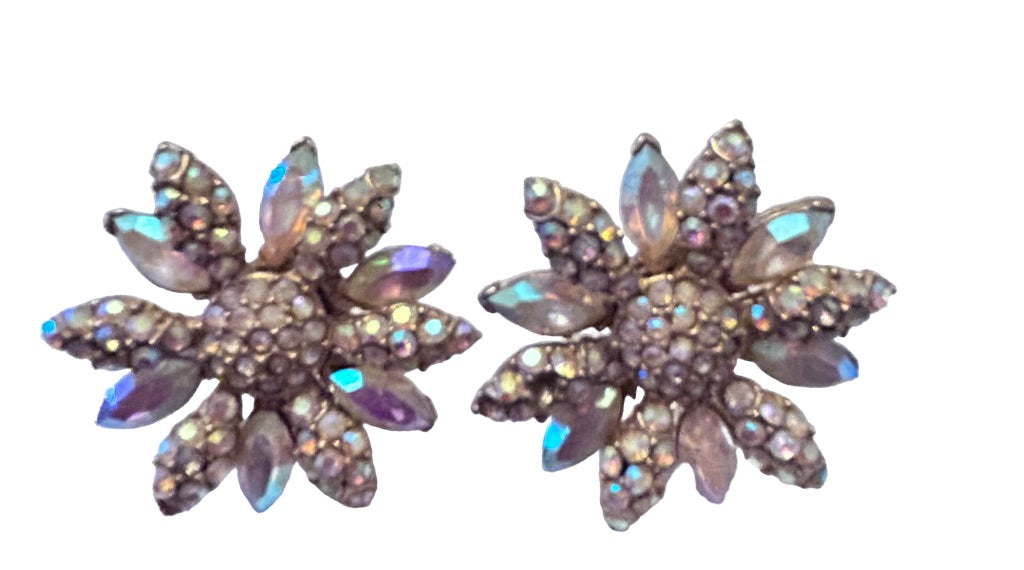 Vintage Goldtone Clip On Non-Pierced Daisy Earrings Aurora Borealis and Rhinestone 1.25"