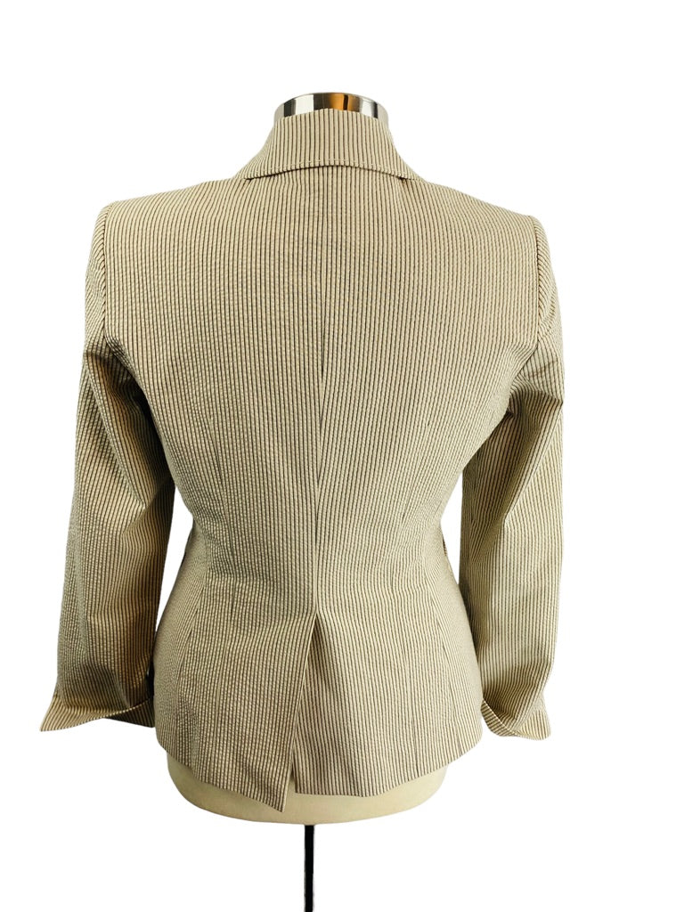 4 AK Anne Klein Stretch Women's 3 Button Lined Tan Seersucker Blazer
